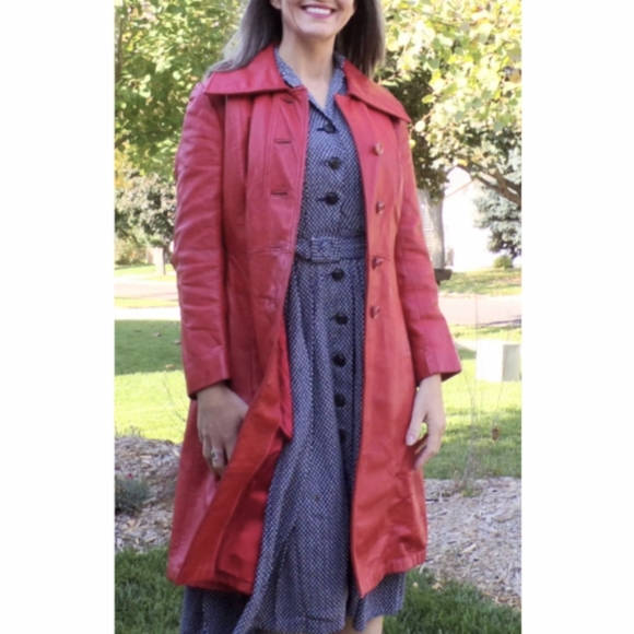 red LEATHER COAT vintage trench jacket S - Picture 4 of 11